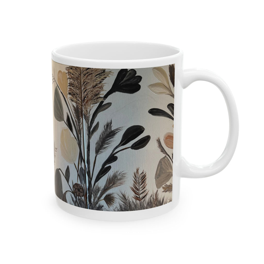 Botanical Neutral Ceramic Mug — Earthy Floral Coffee Cup (11oz)