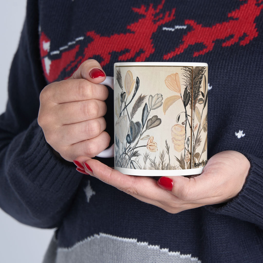 Botanical Neutral Ceramic Mug — Earthy Floral Coffee Cup (11oz)