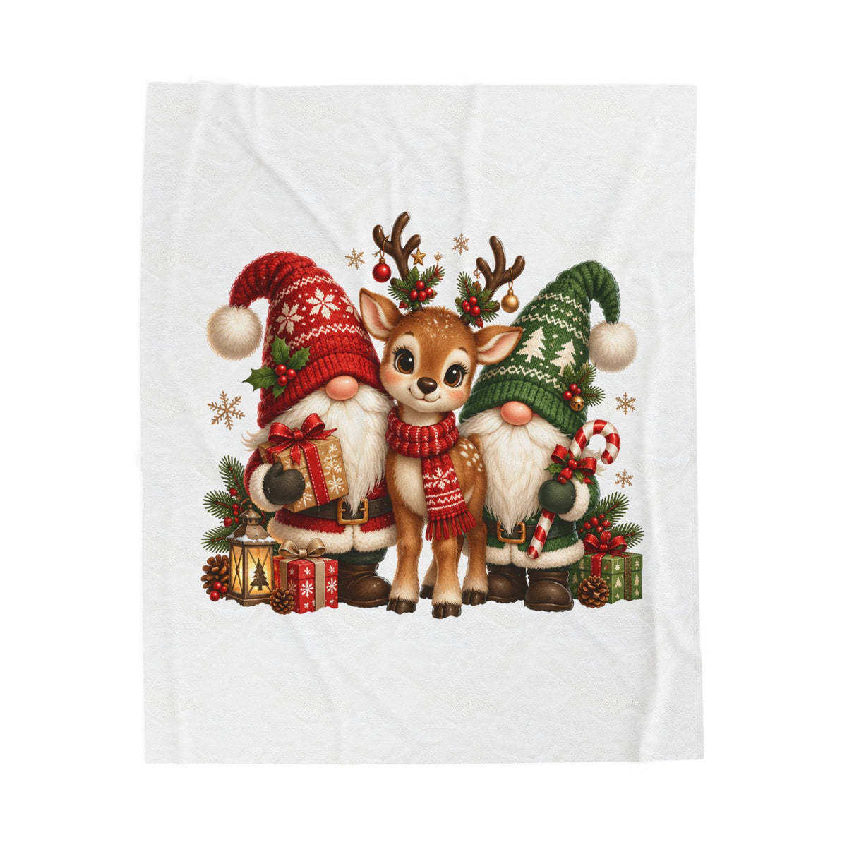 Christmas Gnome and Reindeer Velveteen Plush Blanket
