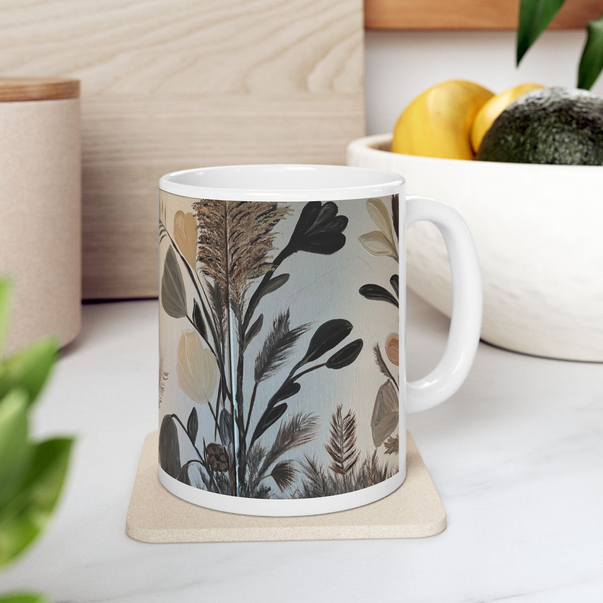 Botanical Neutral Ceramic Mug — Earthy Floral Coffee Cup (11oz)