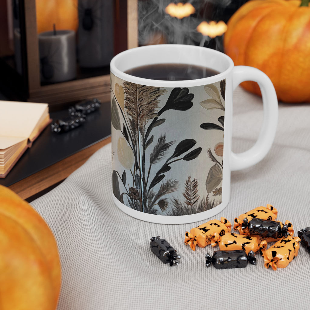 Botanical Neutral Ceramic Mug — Earthy Floral Coffee Cup (11oz)