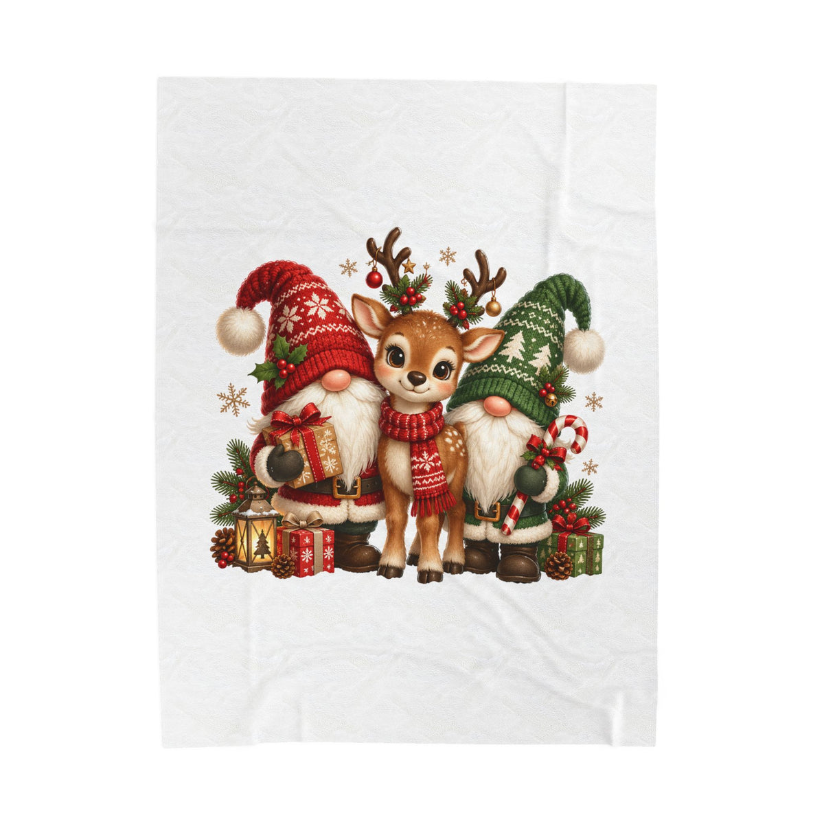 Christmas Gnome and Reindeer Velveteen Plush Blanket
