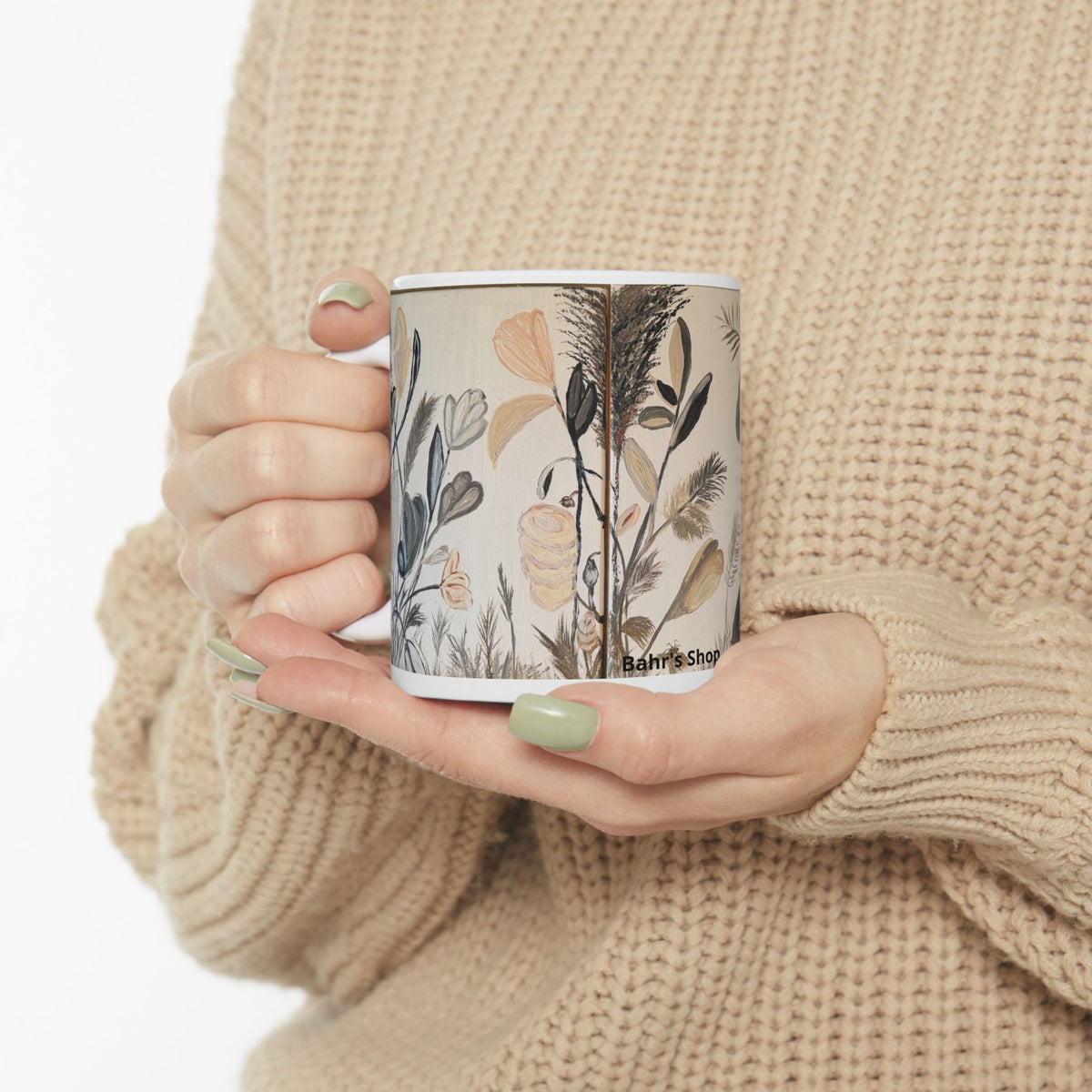 Botanical Neutral Ceramic Mug — Earthy Floral Coffee Cup (11oz)