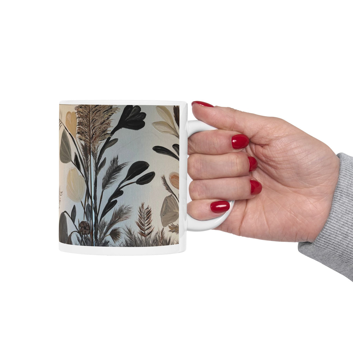 Botanical Neutral Ceramic Mug — Earthy Floral Coffee Cup (11oz)