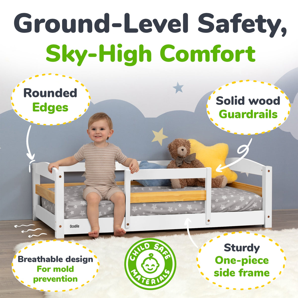 Toddler Floor Bed with Safety Rails for Kids Age 1–3 (Crib Size)