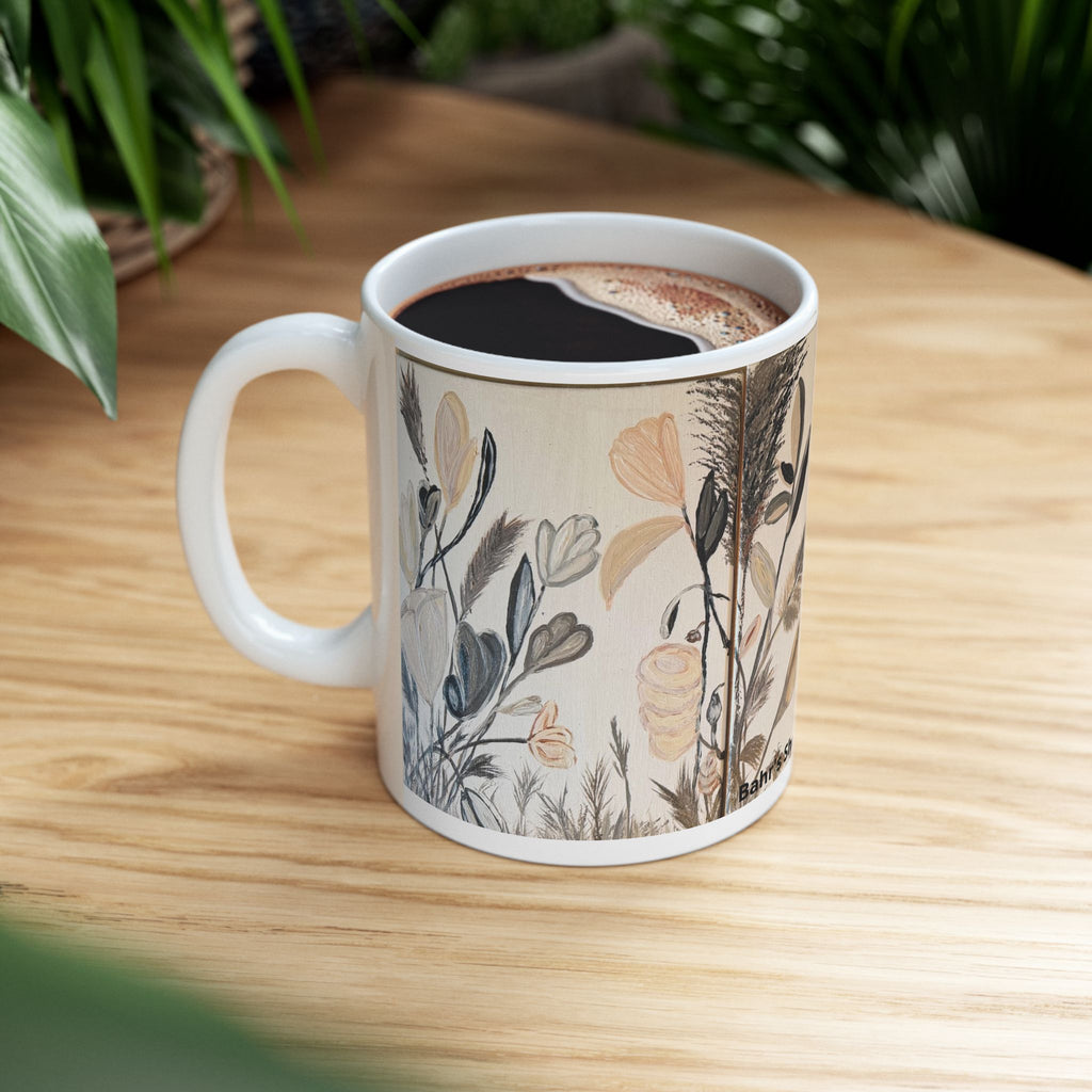 Botanical Neutral Ceramic Mug — Earthy Floral Coffee Cup (11oz)
