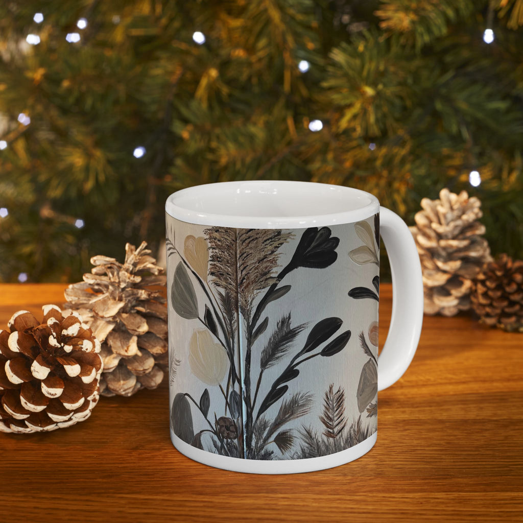 Botanical Neutral Ceramic Mug — Earthy Floral Coffee Cup (11oz)