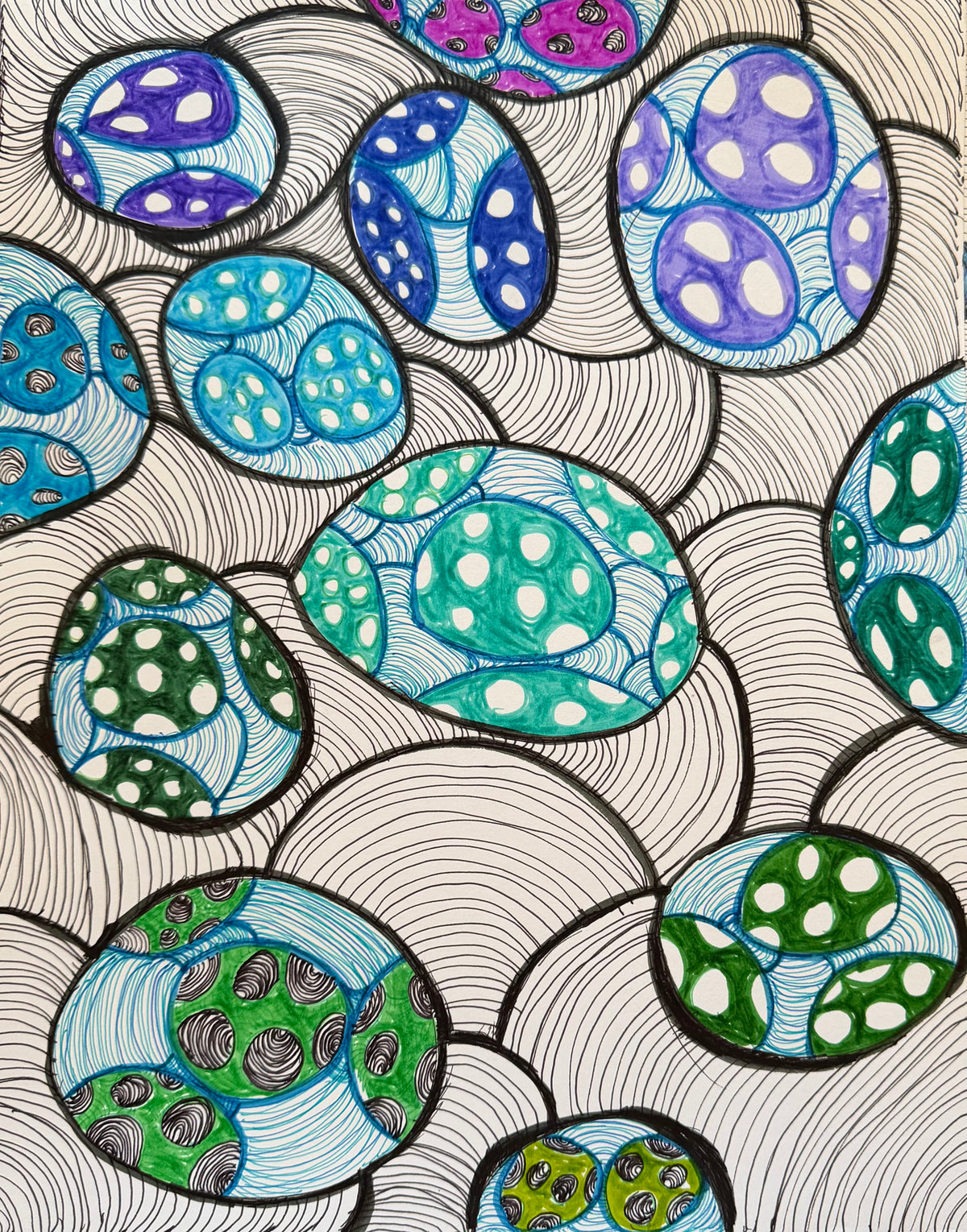 Colorful 3D egg shapes in purple, blue, teal, and green with zentangle wave pattern background