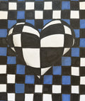 3D checkerboard heart painting in blue, black, and white with optical illusion effect