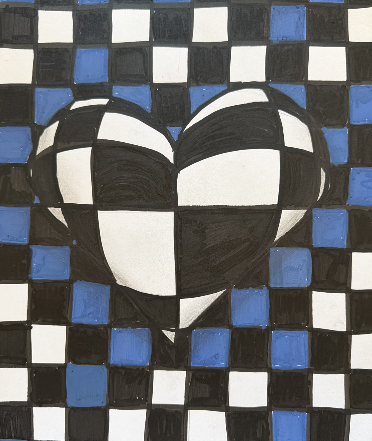 3D checkerboard heart painting in blue, black, and white with optical illusion effect