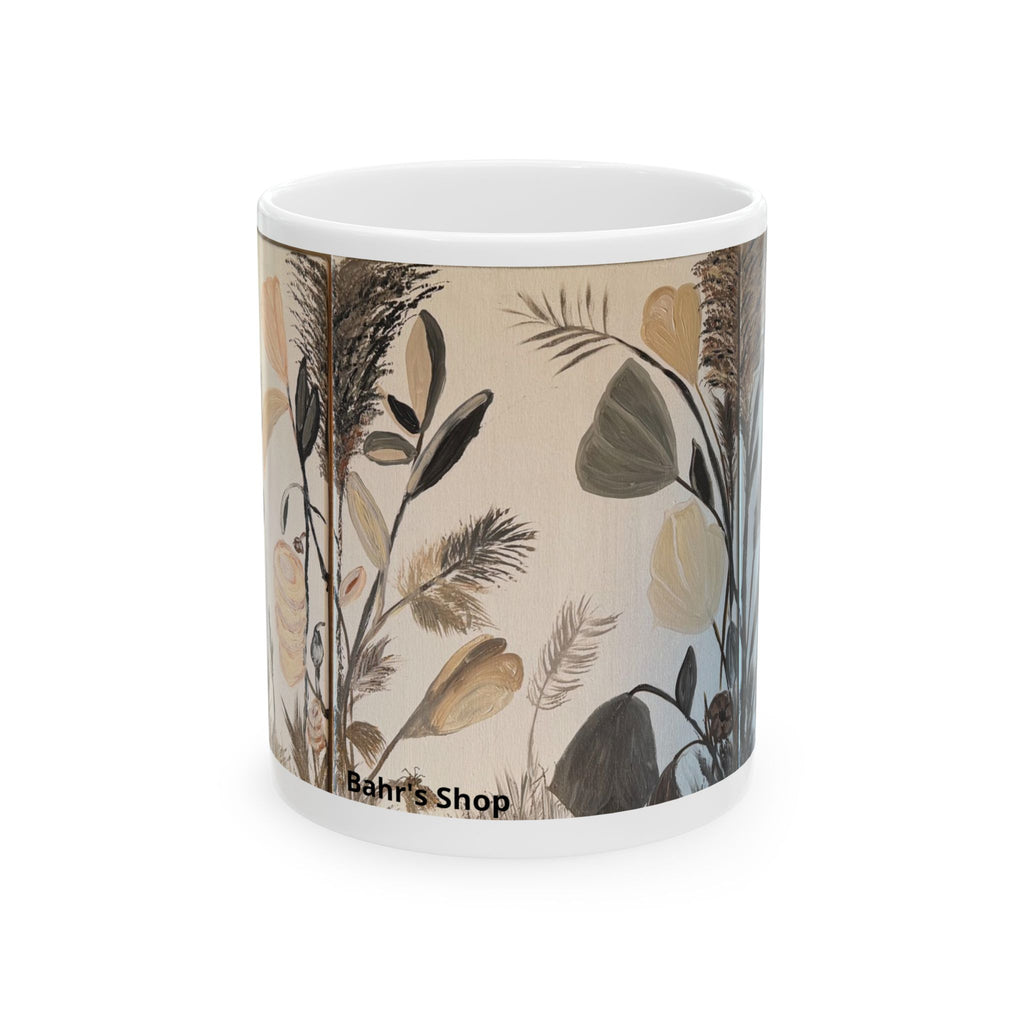 Botanical Neutral Ceramic Mug — Earthy Floral Coffee Cup (11oz)