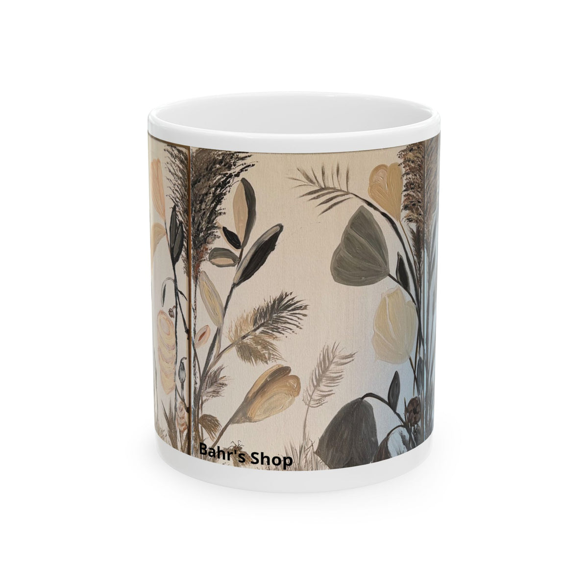 Botanical Neutral Ceramic Mug — Earthy Floral Coffee Cup (11oz)