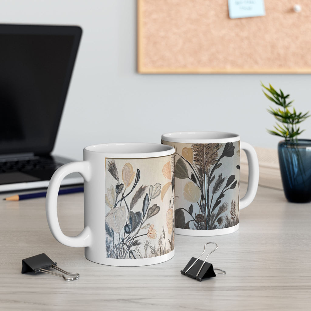 Botanical Neutral Ceramic Mug — Earthy Floral Coffee Cup (11oz)