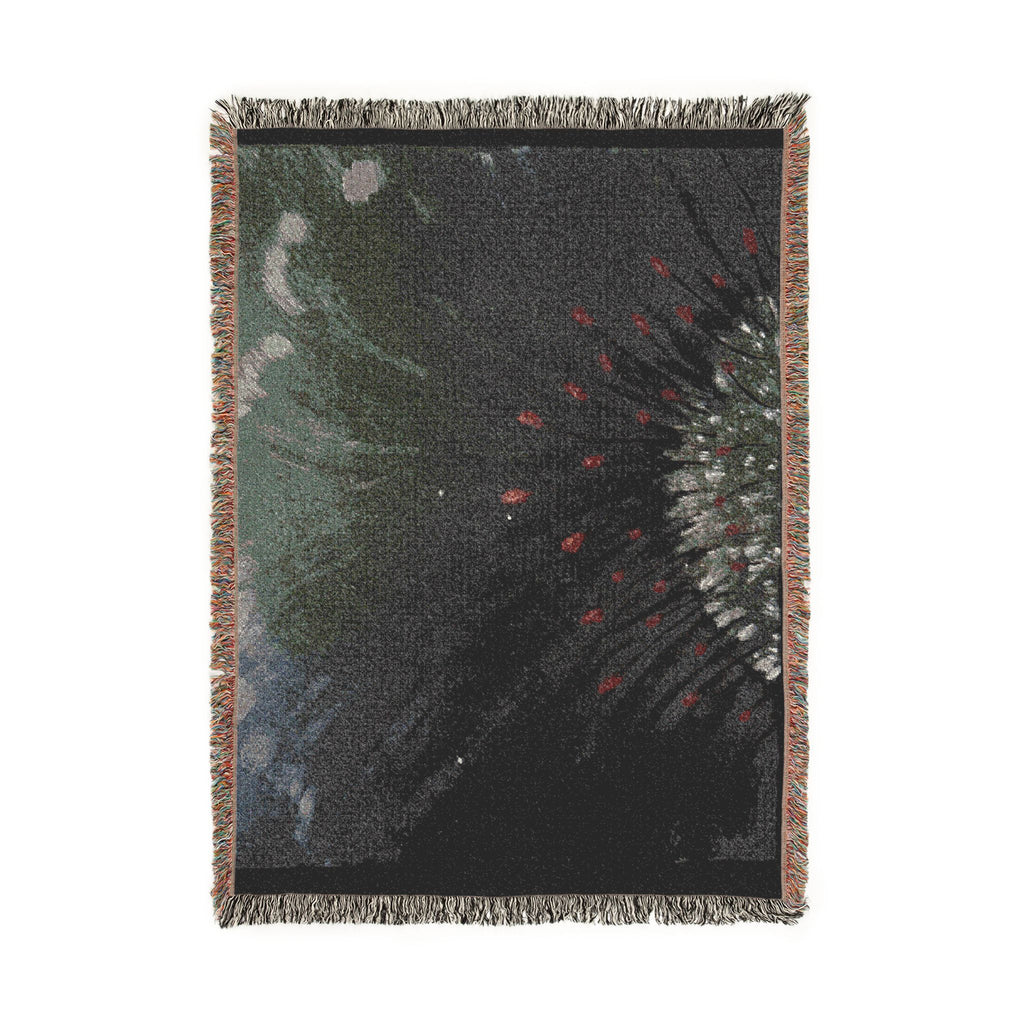 Dark Floral Woven Blanket — Moody Botanical Throw with Red Bloom Accents