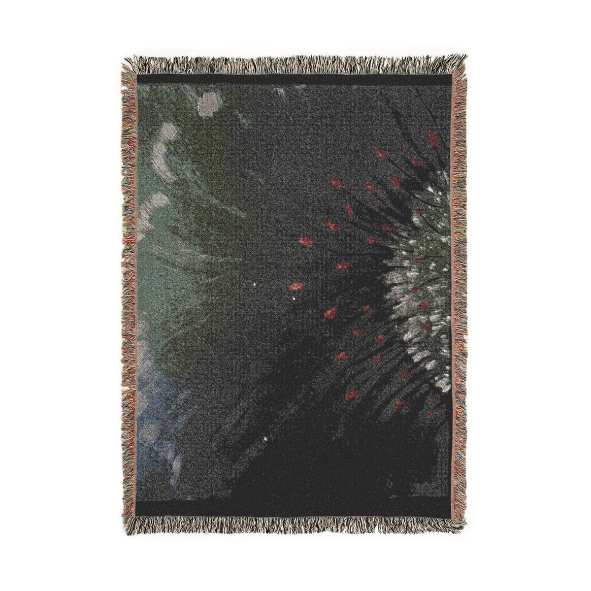 Dark Floral Woven Blanket — Moody Botanical Throw with Red Bloom Accents