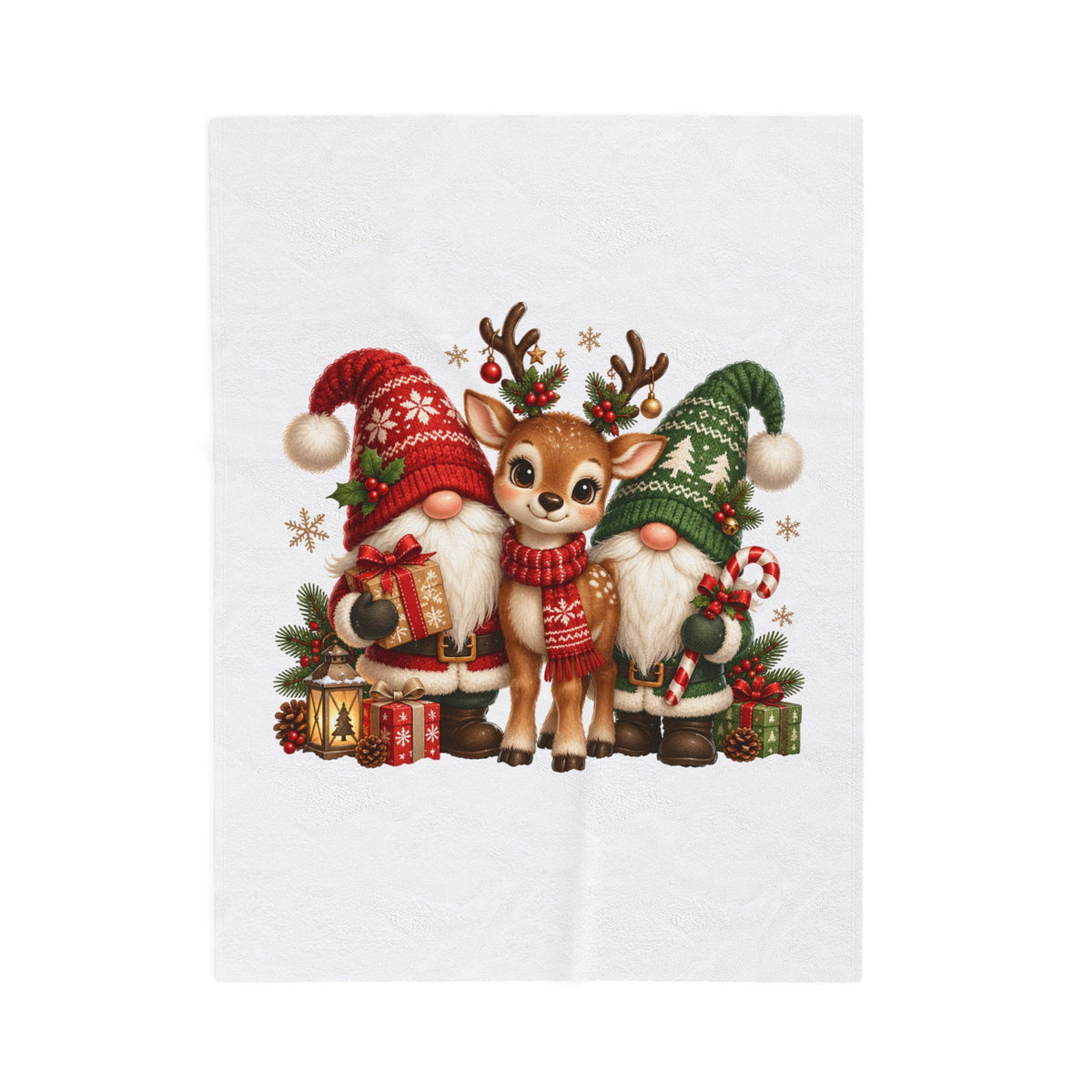 Christmas Gnome and Reindeer Velveteen Plush Blanket