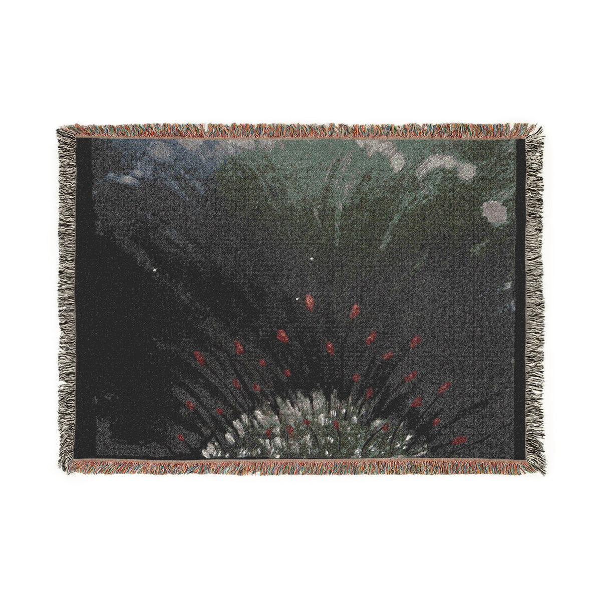 Dark Floral Woven Blanket — Moody Botanical Throw with Red Bloom Accents