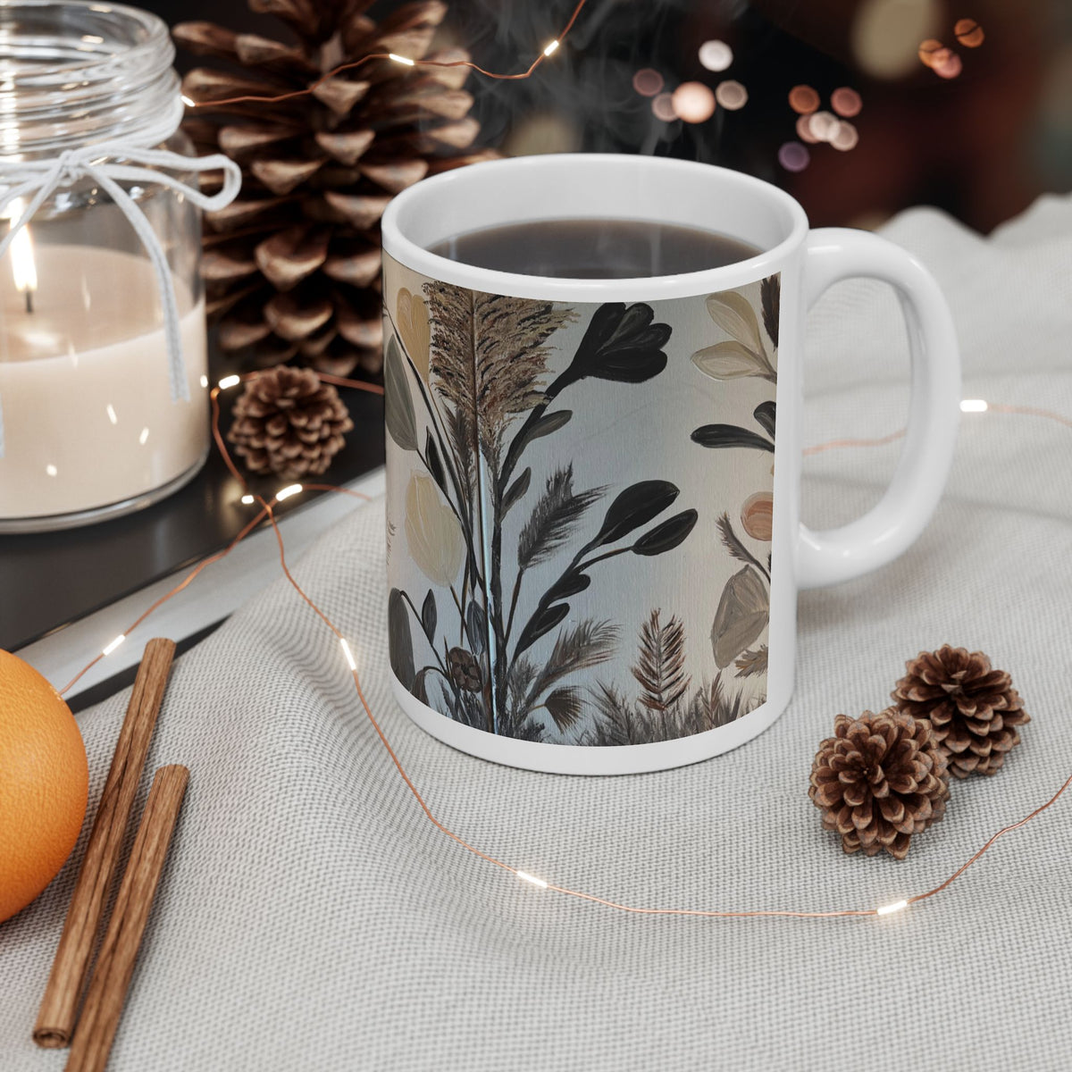 Botanical Neutral Ceramic Mug — Earthy Floral Coffee Cup (11oz)