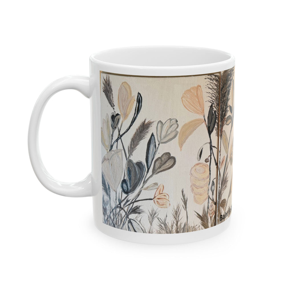 Botanical Neutral Ceramic Mug — Earthy Floral Coffee Cup (11oz)