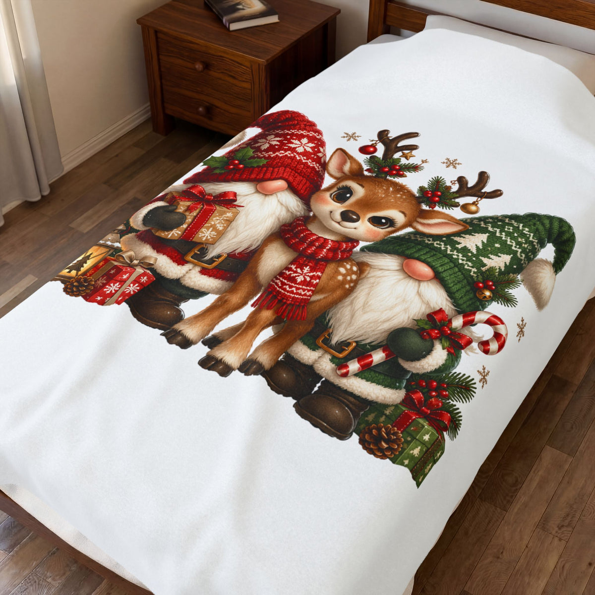 Christmas Gnome and Reindeer Velveteen Plush Blanket