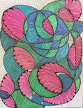 Vibrant swirling doodle art in pink, green, blue, and teal with intricate layered line work