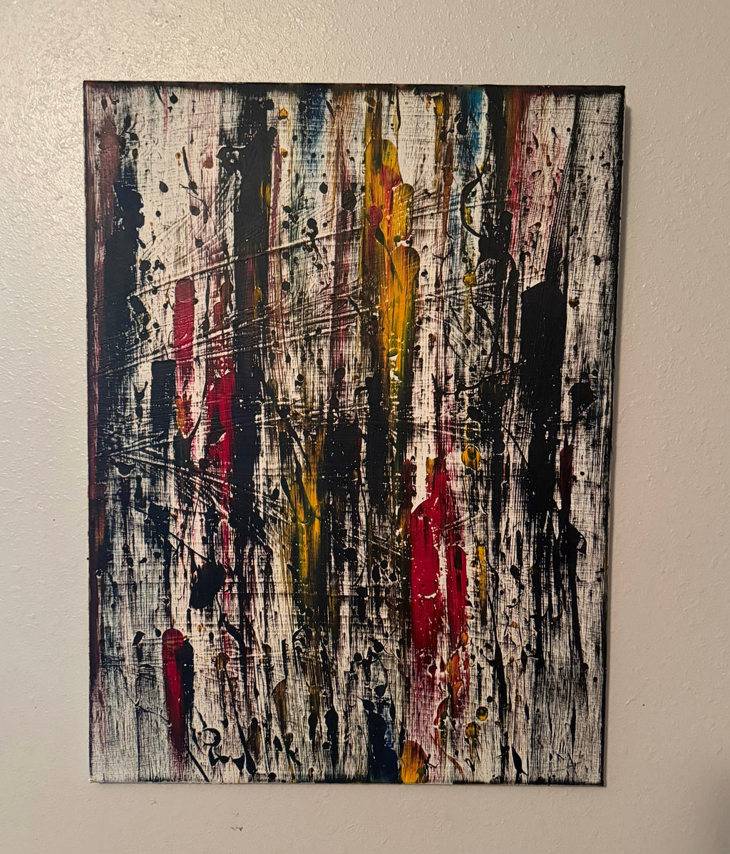 Abstract vertical drip acrylic painting with gold streak and colorful drips on 18x24 framed canvas