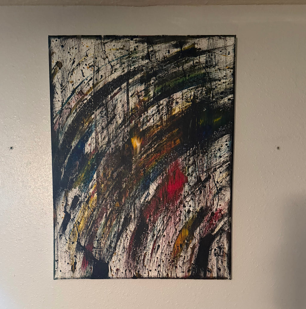 Abstract expressionist acrylic painting with dark sweeping arcs and colorful splatter on 18x24 framed canvas