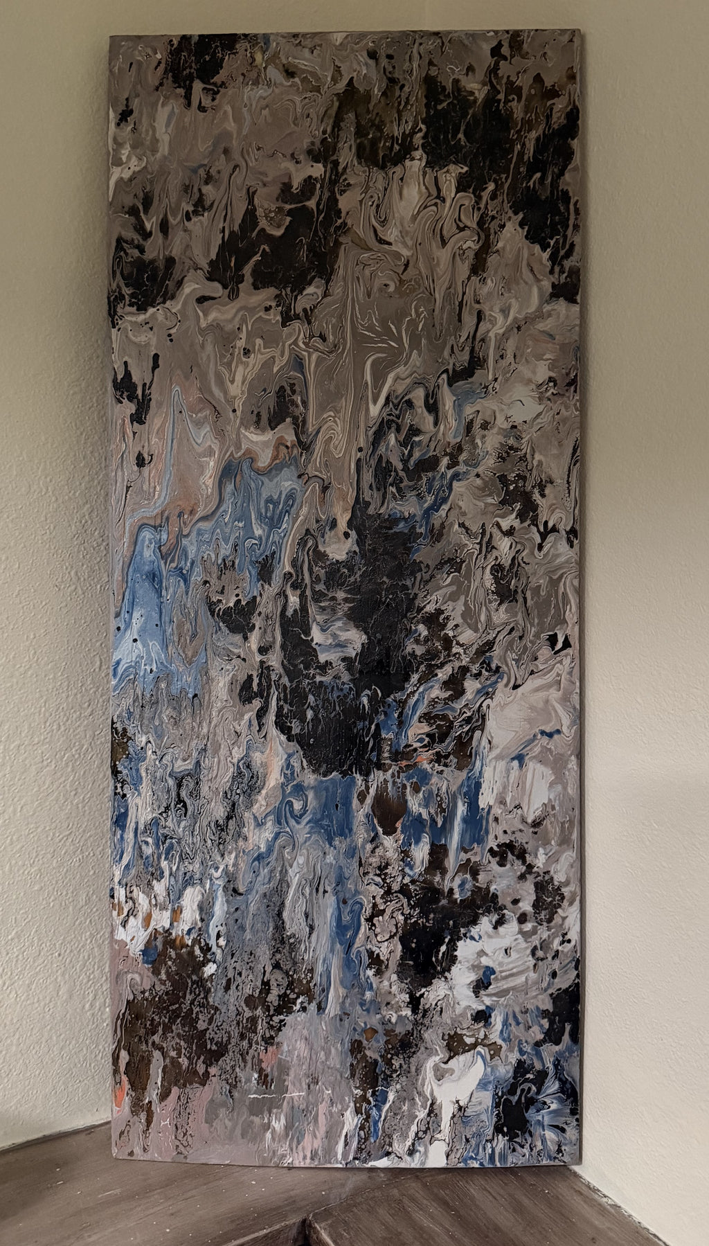 Abstract mixed media fluid pour painting on 1/4 inch wood panel, 13x32 inches