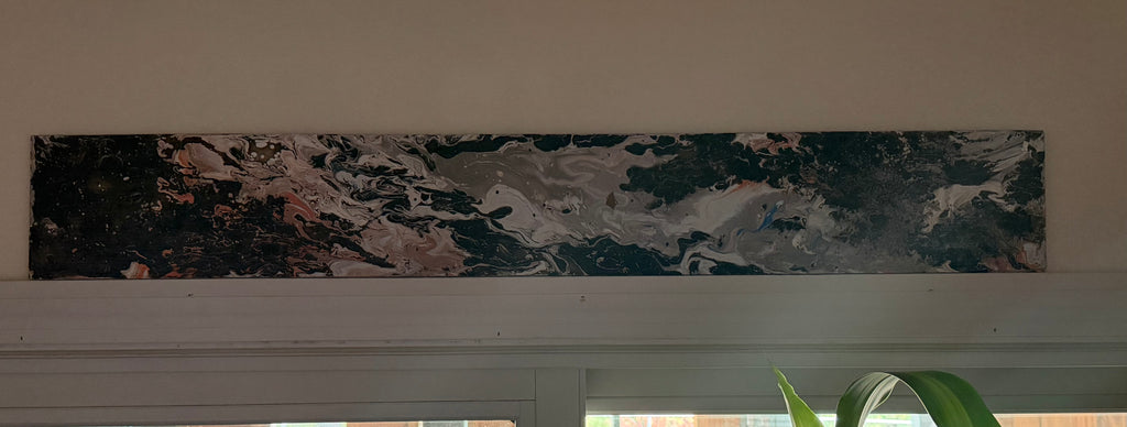 Original mixed media painting on wood panel 6x40 inches with swirling dark green black and rose tones panoramic format