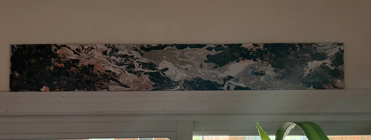 Original mixed media painting on wood panel 6x40 inches with swirling dark green black and rose tones panoramic format