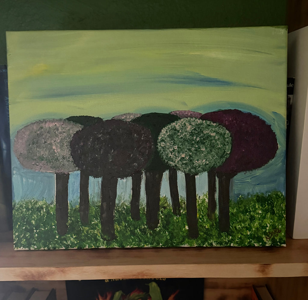 Whimsical tree grove acrylic painting with colorful round treetops on 14x11 framed canvas