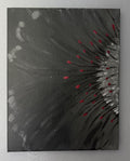 Abstract dark acrylic painting with charcoal tones and red burst accents on 14x18 canvas