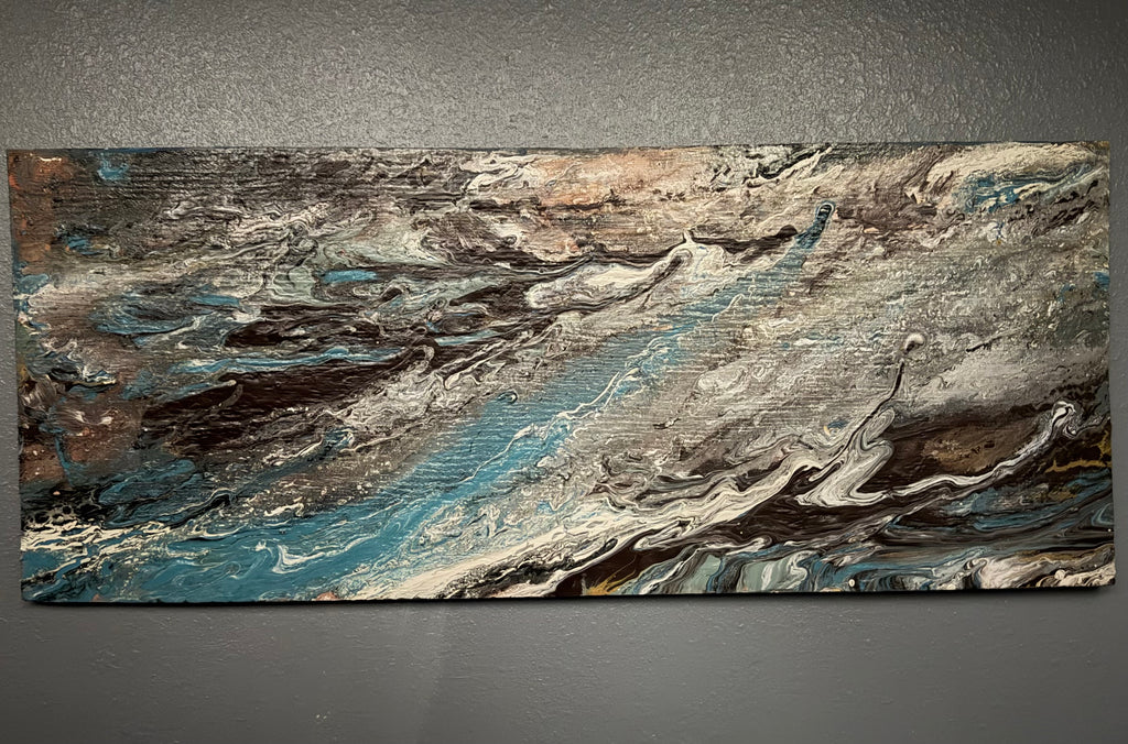 Abstract fluid pour mixed media painting with teal brown and white marble swirls on 32x13 wood panel