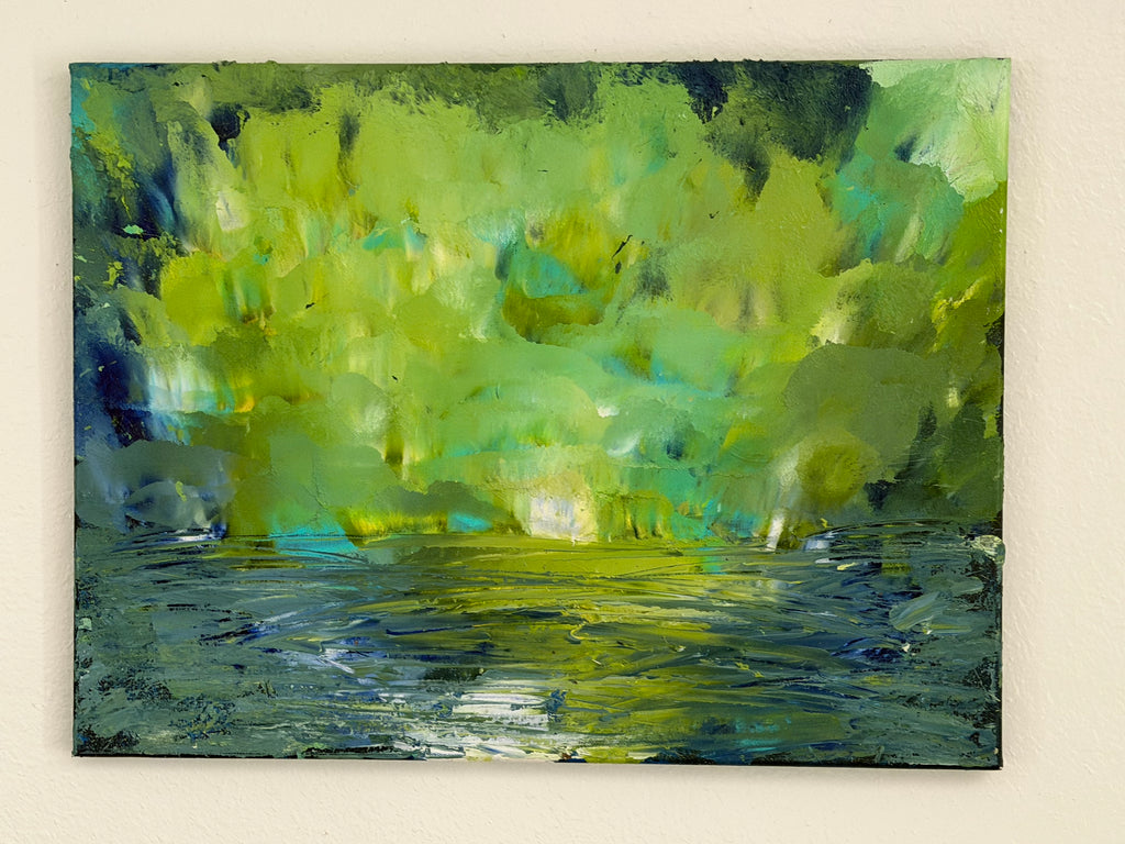 Original framed acrylic landscape painting 24x20 inches with luminous green canopy reflecting on dark water