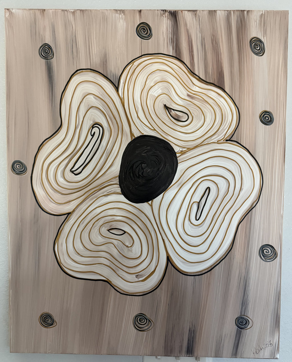 Golden Bloom original acrylic painting 24x30 framed — cream four-petal flower with gold linework and spiral details on rose-taupe background