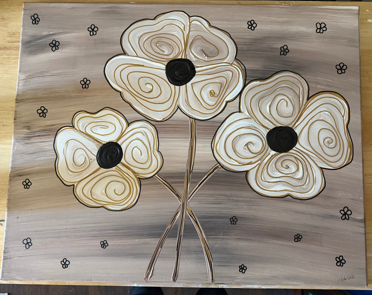 Golden Poppies original acrylic painting 30x24 framed — cream and gold poppies with black centers on taupe background