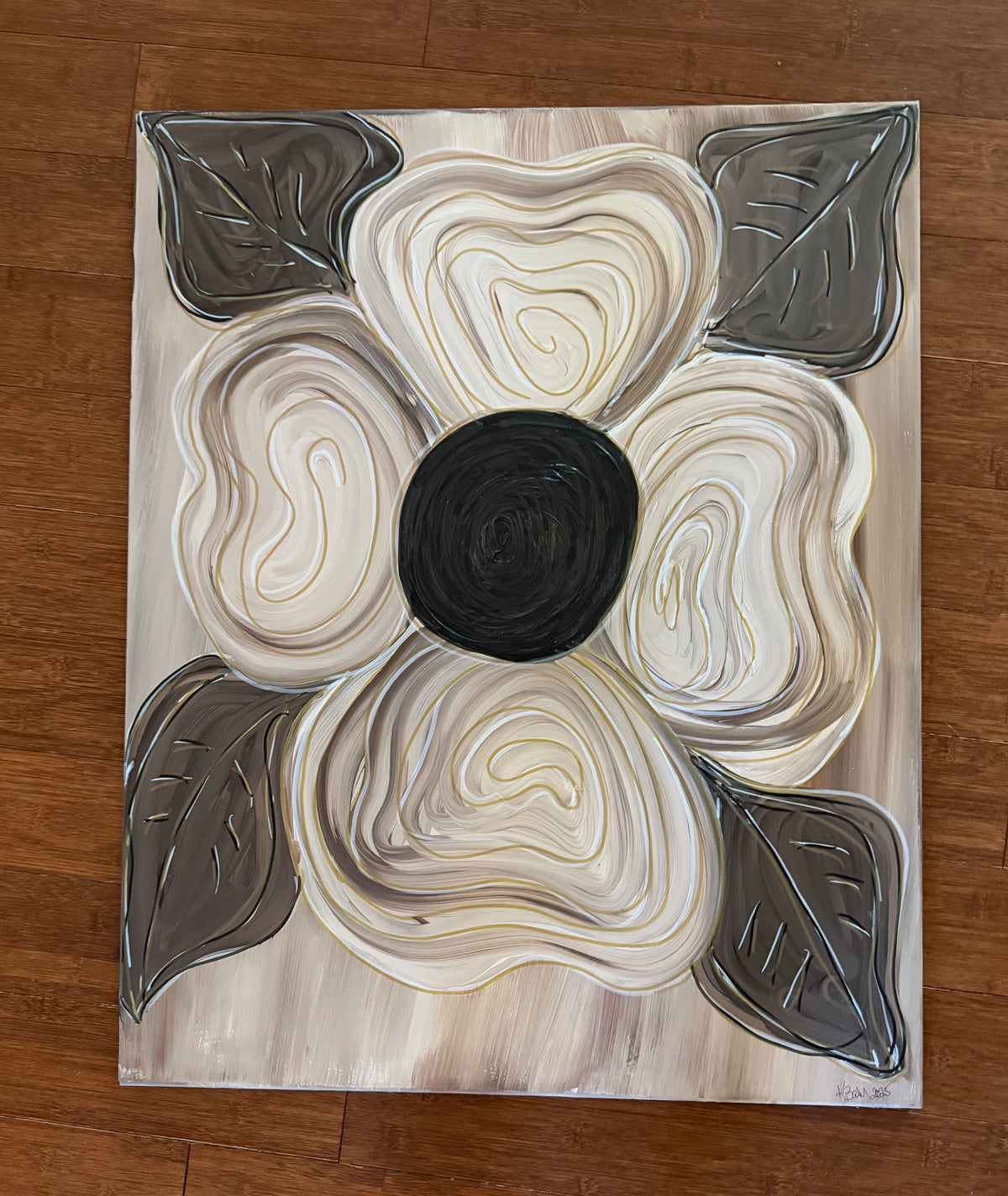 Magnolia original acrylic painting 24x30 framed — large cream bloom with black center and charcoal leaves on neutral background