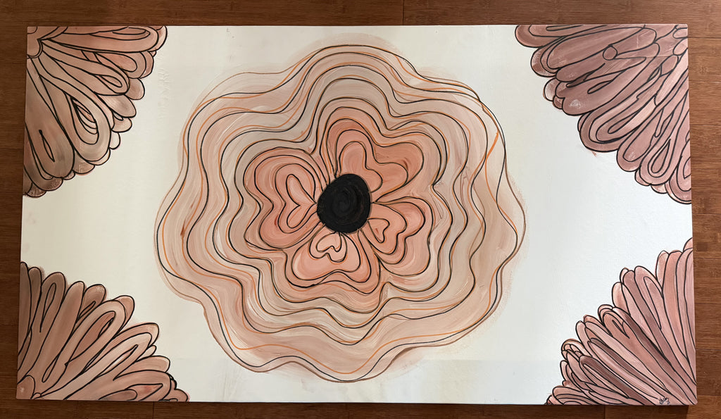 Blush Bloom original acrylic painting 56x31 framed — blush and mauve concentric floral with corner blooms on white canvas