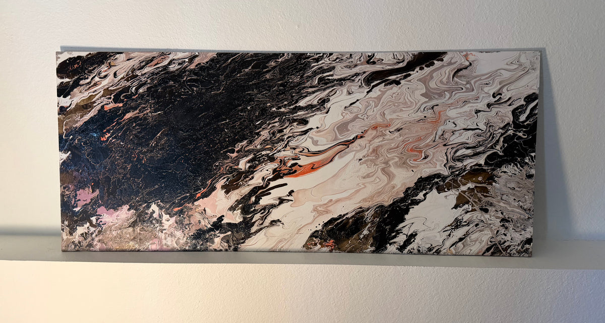 Storm Break original mixed media acrylic pour on wood 42.5x18 — black, cream, and blush wide-format abstract painting