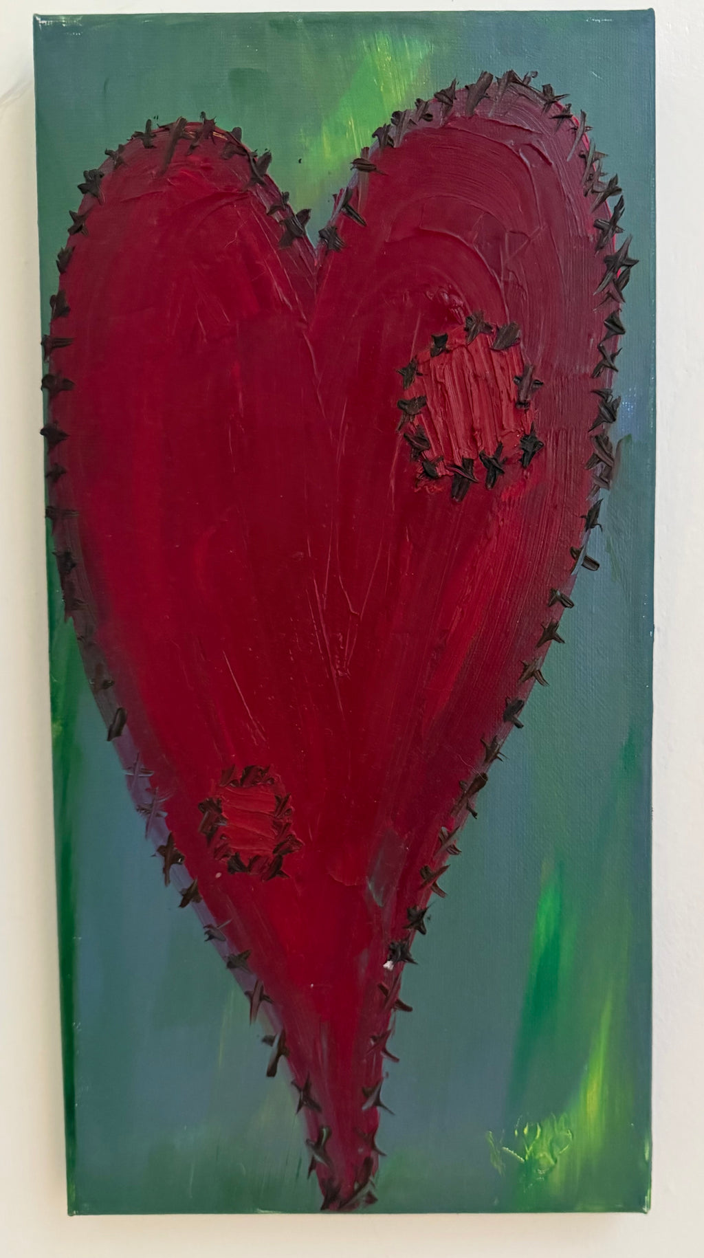 Stitched Heart original mixed media painting 8x14 framed — crimson heart with nail detailing on teal background