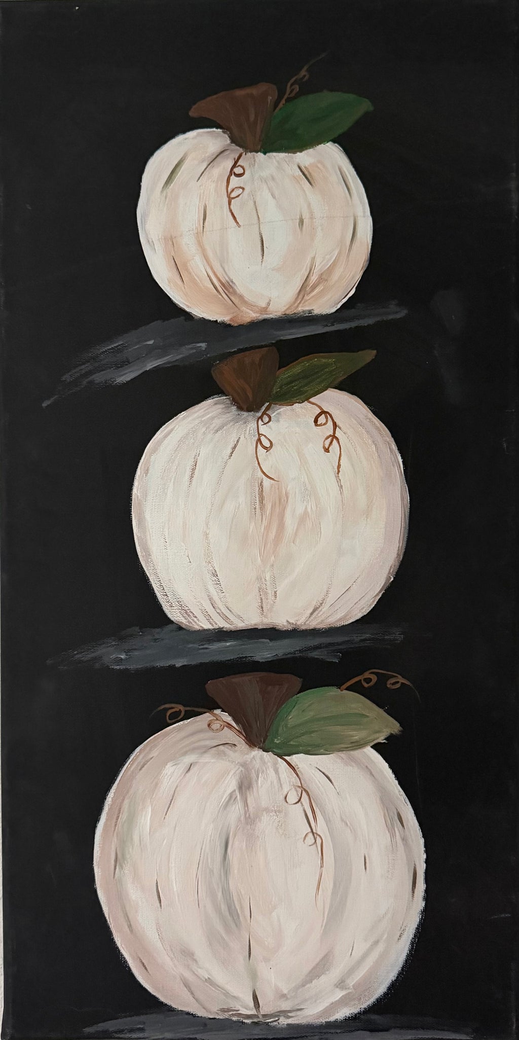Three stacked white pumpkins original acrylic painting 12x24 inches on black background