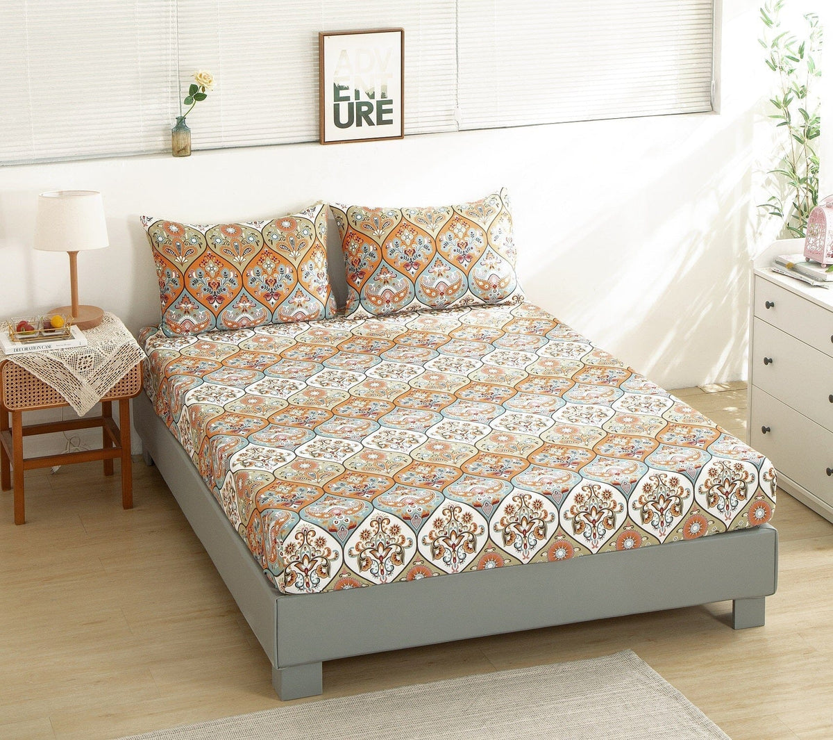 DaDa Bedding Bohemian Fitted Sheet w/Pillow Cases - Coral Teal Floral Paisley Botanical Garden Party - Bright Vibrant Multi-Colorful Blue Salmon Pink