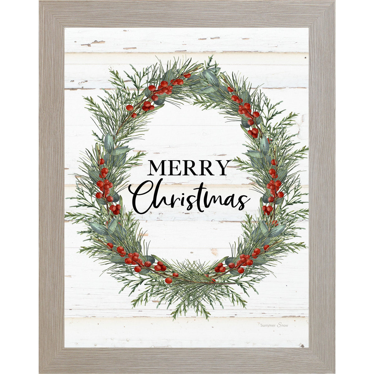 Merry Christmas Wreath Framed Wall Art – Vertical Christmas Decor with Green & Red Wreath | SS93