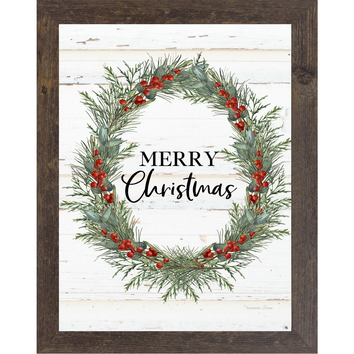 Merry Christmas Wreath Framed Wall Art – Vertical Christmas Decor with Green & Red Wreath | SS93