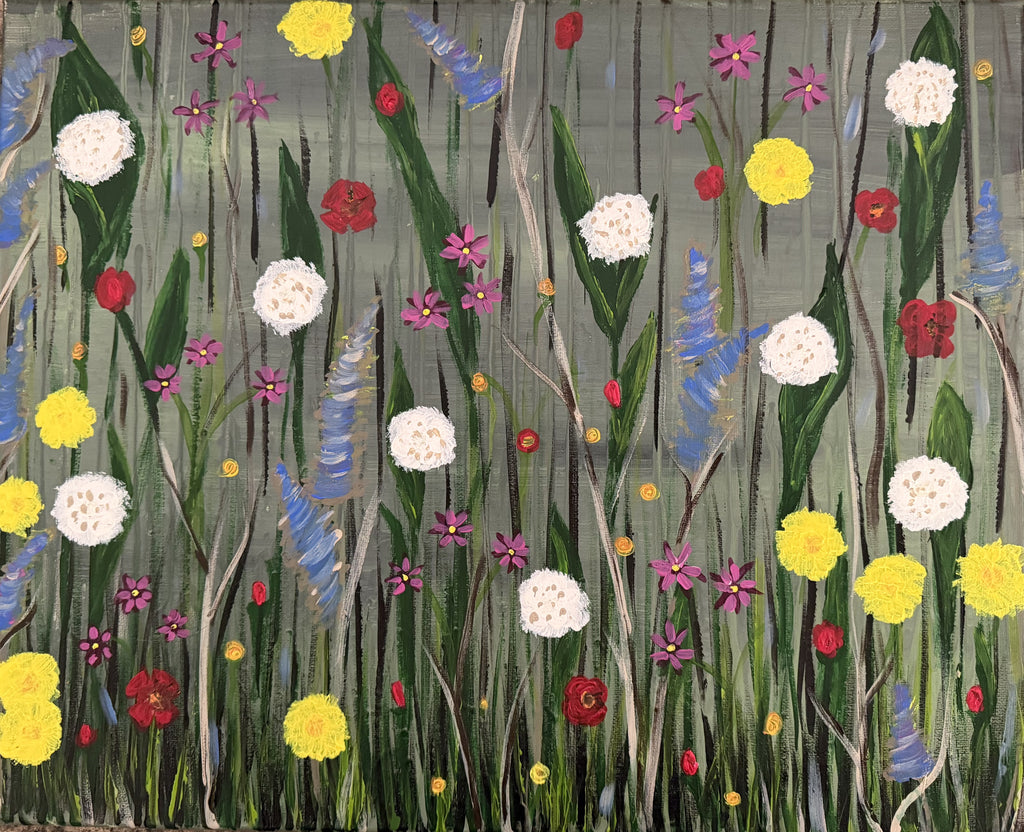 Original acrylic painting of a vibrant wildflower field with yellow, white, red, purple and blue flowers on tall green stems against a grey-green background, 20x16 gallery wrap canvas