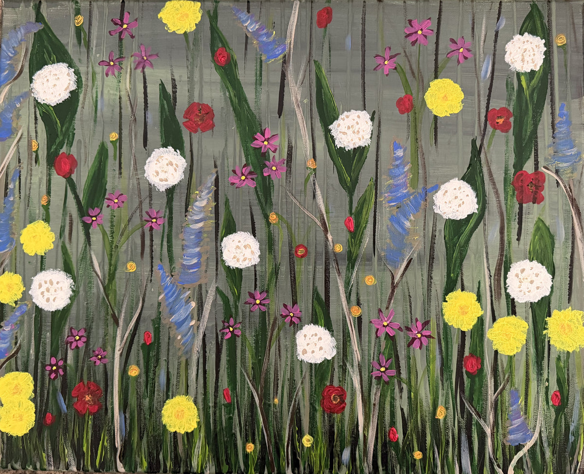 Original acrylic painting of a vibrant wildflower field with yellow, white, red, purple and blue flowers on tall green stems against a grey-green background, 20x16 gallery wrap canvas