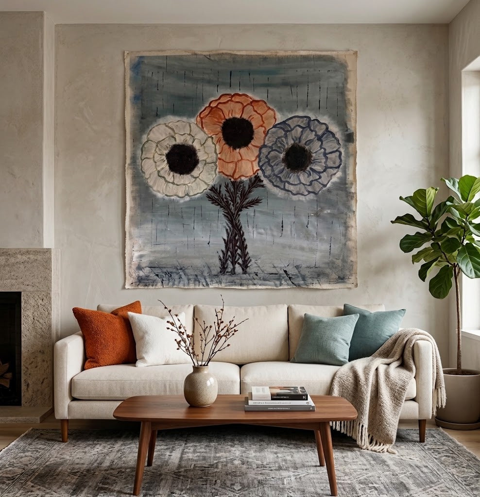 Three Flowers in the Rain Original Acrylic Painting