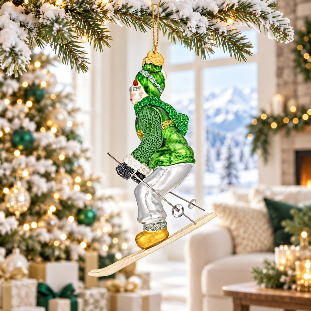 Retro Vintage Skier in Green Vest Glass Christmas Ornament