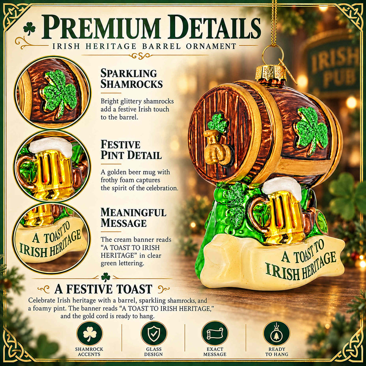 Irish Heritage Shamrock Beer Barrel And Pipe Glass Christmas Ornament