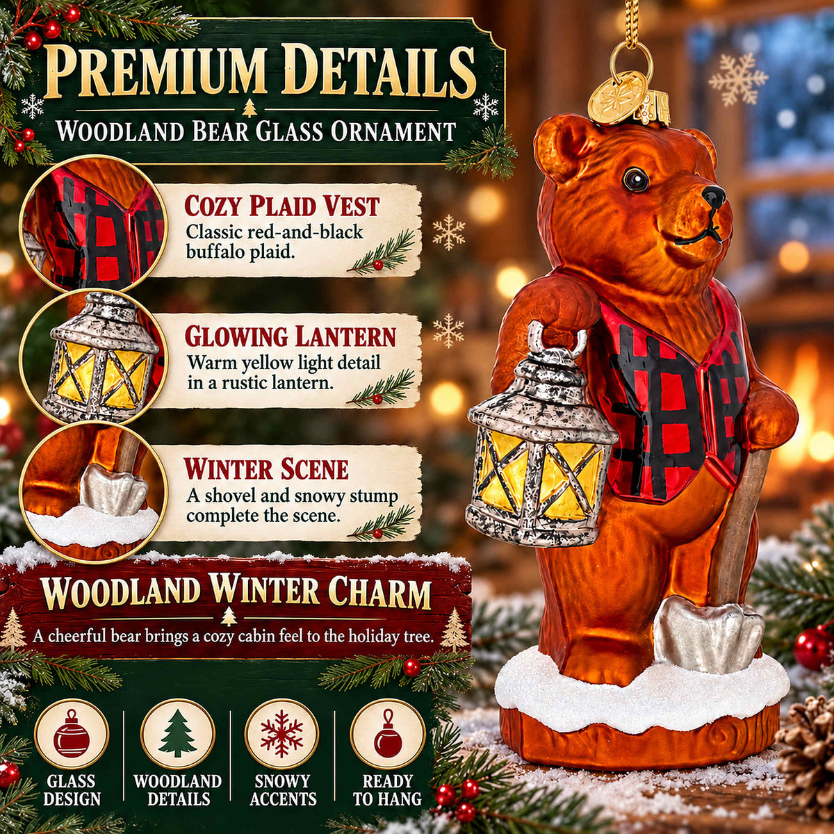 Woodland Brown Bear with Lantern Glass Christmas Ornament
